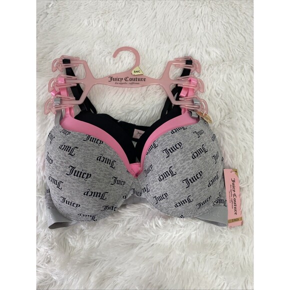 Juicy Couture Push Up Bra 34C 3 Pack Sleek & Smooth Underwire Grey Pink Black - Picture 7 of 11